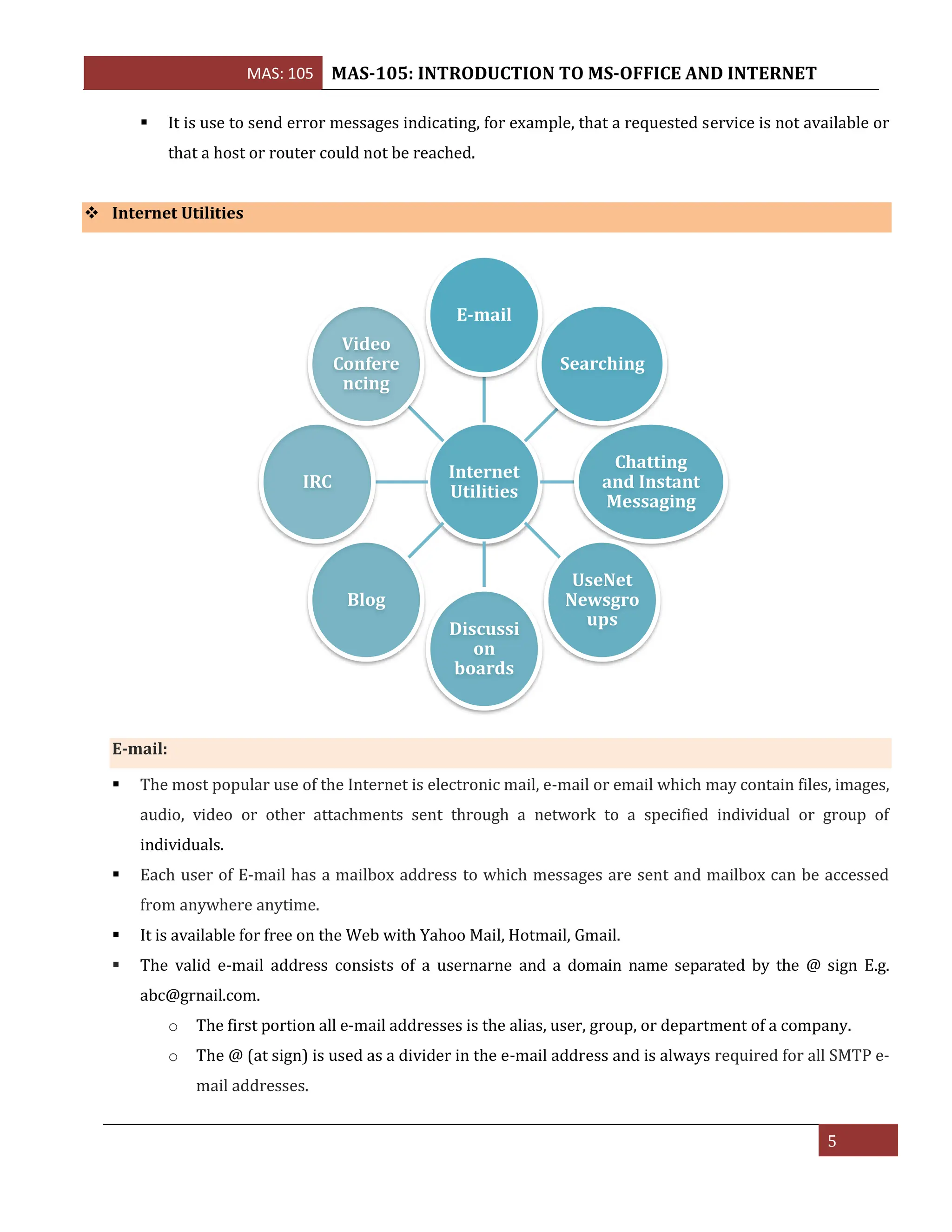 MAS: 105 MAS-105: INTRODUCTION TO MS-OFFICE AND INTERNET
5
▪ It is use to send error messages indicating, for example, that a requested service is not available or
that a host or router could not be reached.
❖ Internet Utilities
E-mail:
▪ The most popular use of the Internet is electronic mail, e-mail or email which may contain files, images,
audio, video or other attachments sent through a network to a specified individual or group of
individuals.
▪ Each user of E-mail has a mailbox address to which messages are sent and mailbox can be accessed
from anywhere anytime.
▪ It is available for free on the Web with Yahoo Mail, Hotmail, Gmail.
▪ The valid e-mail address consists of a usernarne and a domain name separated by the @ sign E.g.
abc@grnail.com.
o The first portion all e-mail addresses is the alias, user, group, or department of a company.
o The @ (at sign) is used as a divider in the e-mail address and is always required for all SMTP e-
mail addresses.
Internet
Utilities
E-mail
Searching
Chatting
and Instant
Messaging
UseNet
Newsgro
ups
Discussi
on
boards
Blog
IRC
Video
Confere
ncing
 
