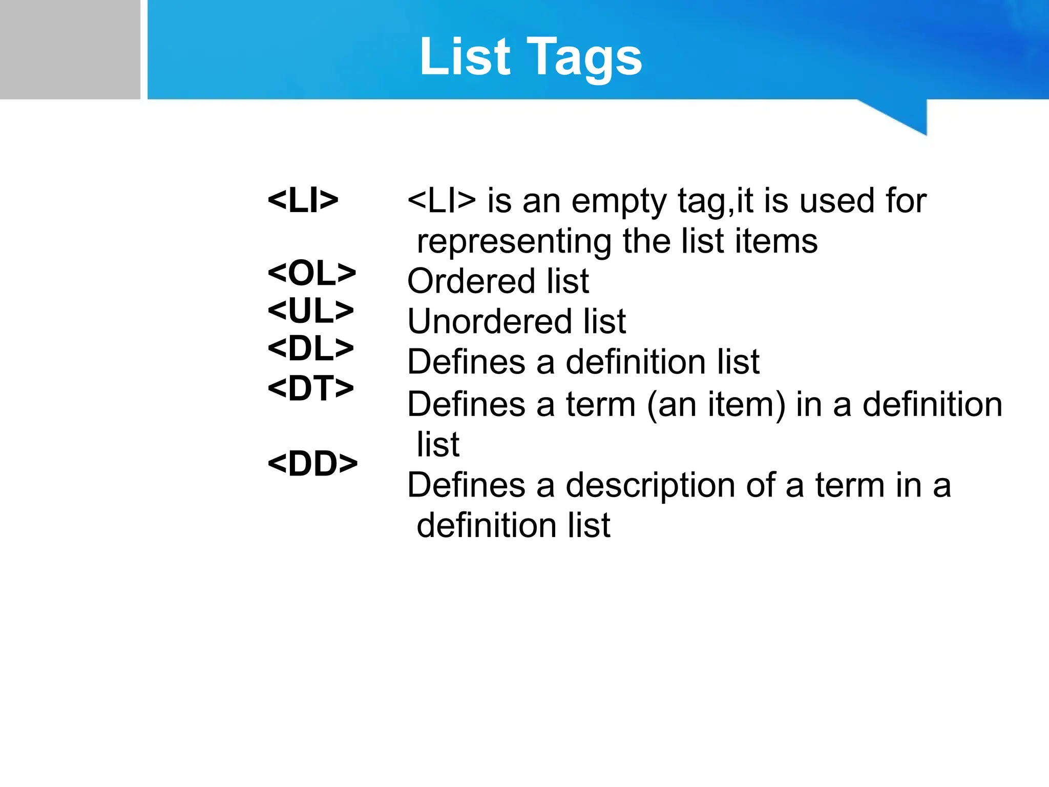 List Tags
<LI>
<OL>
<UL>
<DL>
<DT>
<DD>
<LI> is an empty tag,it is used for
representing the list items
Ordered list
Unordered list
Defines a definition list
Defines a term (an item) in a definition
list
Defines a description of a term in a
definition list
 