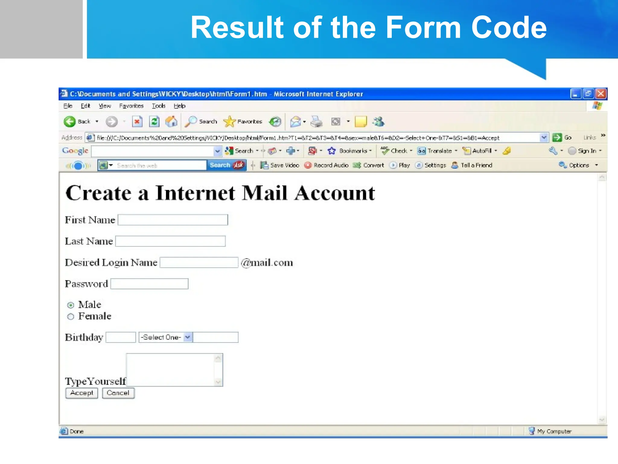 Result of the Form Code
 
