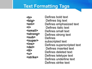 Text Formatting Tags
<b>
<big>
<em>
<i>
<small>
<strong>
<sub>
<super>
<ins>
<del>
<tt>
<u>
<strike>
Defines bold text
Defines big text
Defines emphasized text
Defines italic text
Defines small text
Defines strong text
Defines
subscripted text
Defines superscripted text
Defines inserted text
Defines deleted text
Defines teletype text
Defines underline text
Defines strike text
 