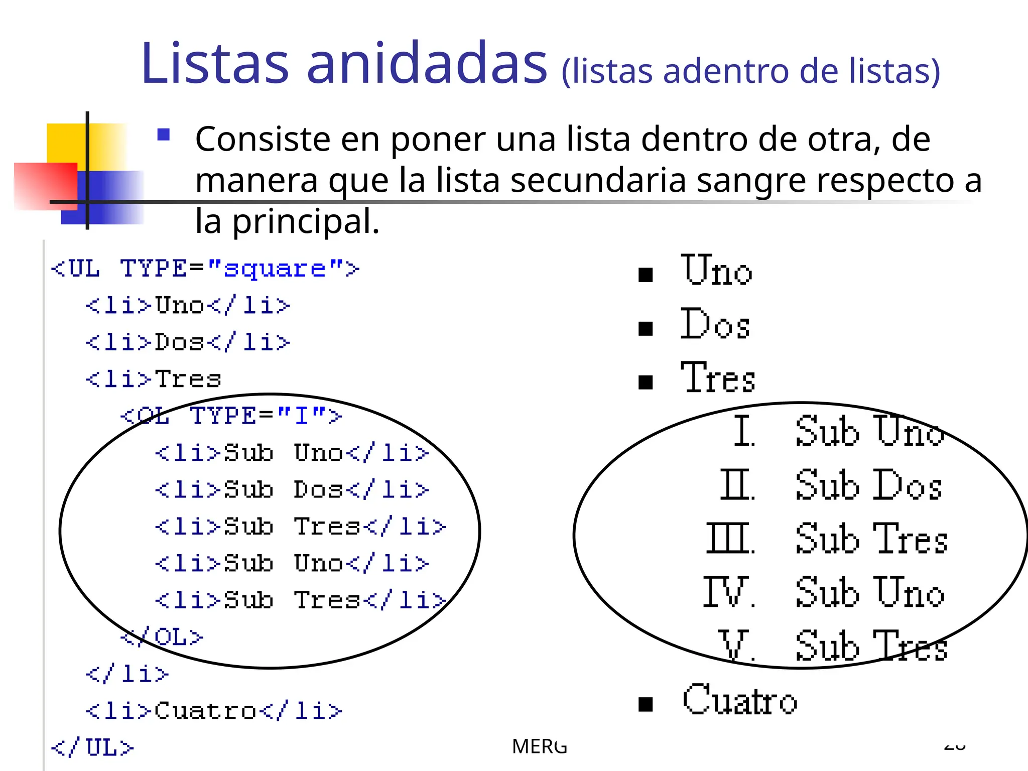 MERG 28
Listas anidadas (listas adentro de listas)
 Consiste en poner una lista dentro de otra, de
manera que la lista secundaria sangre respecto a
la principal.
 