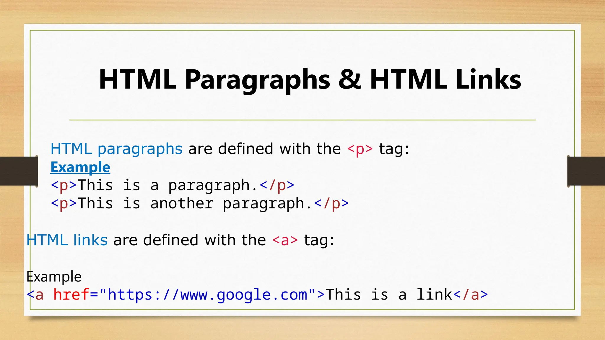 HTML Paragraphs & HTML Links
HTML links are defined with the <a> tag:
Example
<a href="https://www.google.com">This is a link</a>
HTML paragraphs are defined with the <p> tag:
Example
<p>This is a paragraph.</p>
<p>This is another paragraph.</p>
 