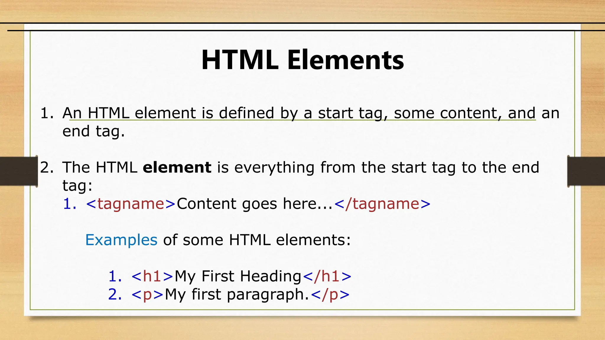 HTML Elements
1. An HTML element is defined by a start tag, some content, and an
end tag.
2. The HTML element is everything from the start tag to the end
tag:
1. <tagname>Content goes here...</tagname>
Examples of some HTML elements:
1. <h1>My First Heading</h1>
2. <p>My first paragraph.</p>
 