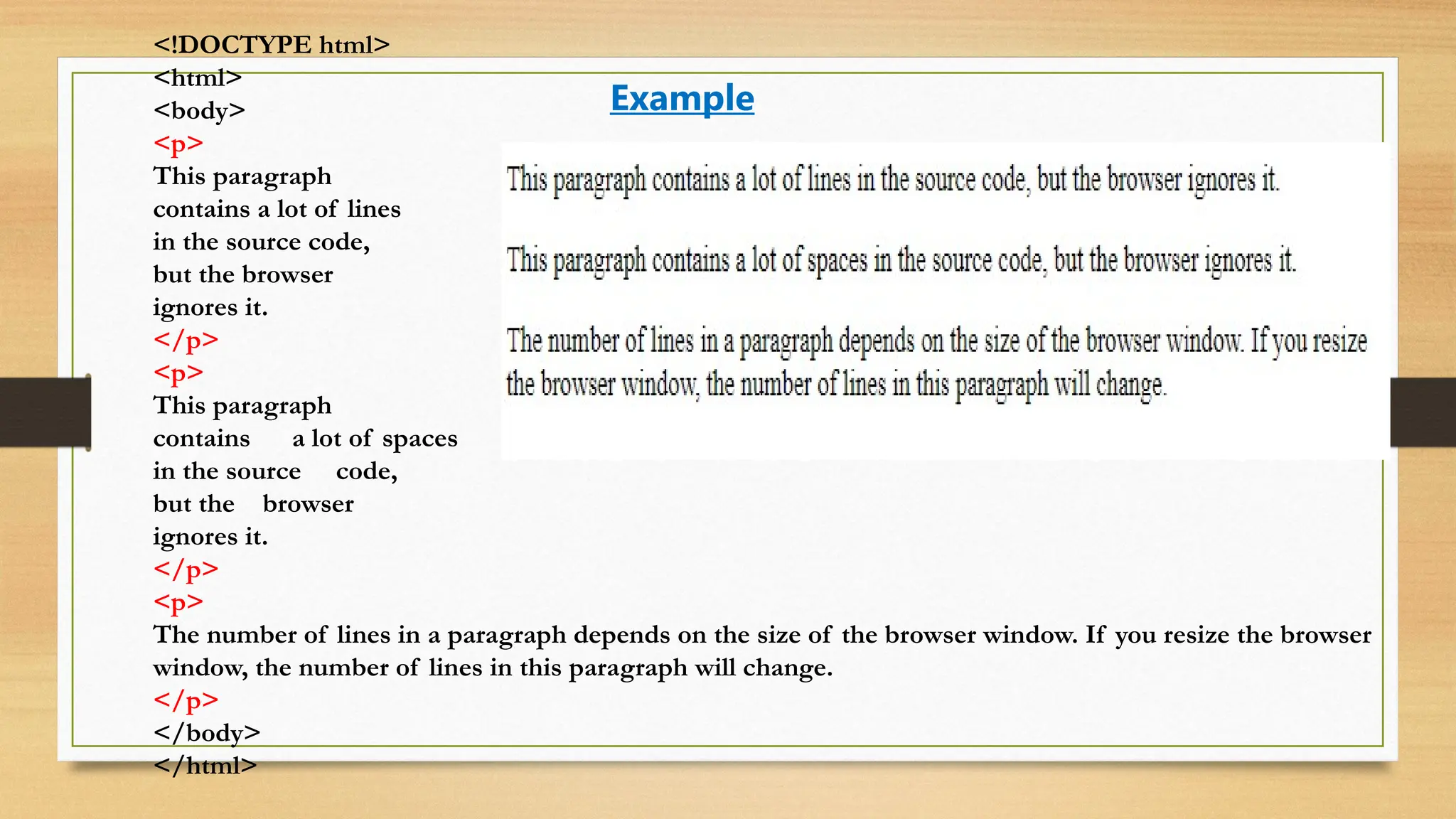 <!DOCTYPE html>
<html>
<body>
<p>
This paragraph
contains a lot of lines
in the source code,
but the browser
ignores it.
</p>
<p>
This paragraph
contains a lot of spaces
in the source code,
but the browser
ignores it.
</p>
<p>
The number of lines in a paragraph depends on the size of the browser window. If you resize the browser
window, the number of lines in this paragraph will change.
</p>
</body>
</html>
Example
 