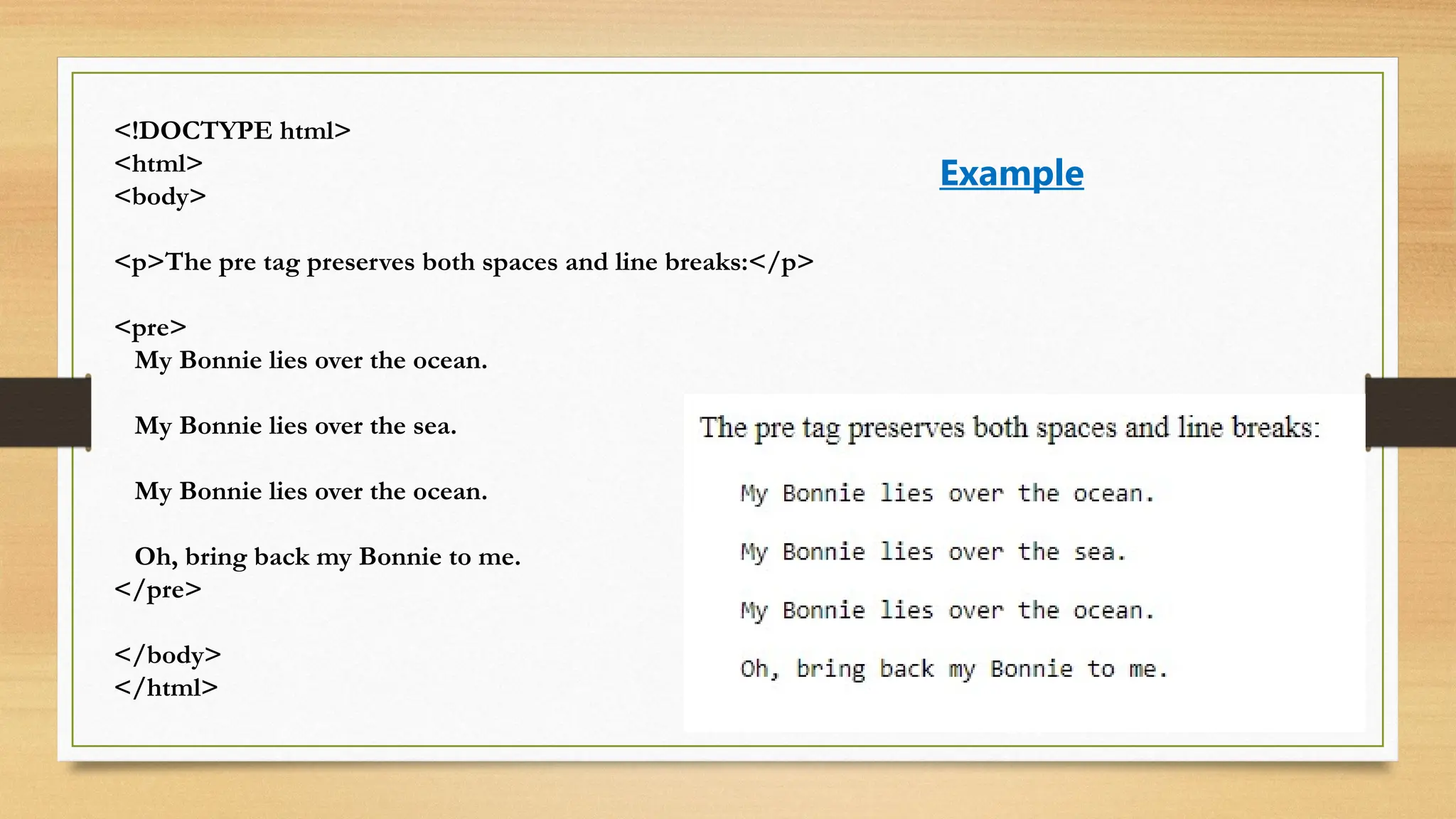 <!DOCTYPE html>
<html>
<body>
<p>The pre tag preserves both spaces and line breaks:</p>
<pre>
My Bonnie lies over the ocean.
My Bonnie lies over the sea.
My Bonnie lies over the ocean.
Oh, bring back my Bonnie to me.
</pre>
</body>
</html>
Example
 