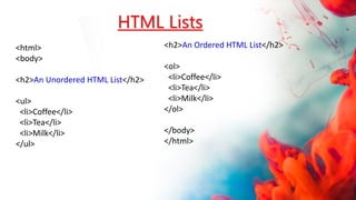 HTML Lists
<html>
<body>
<h2>An Unordered HTML List</h2>
<ul>
<li>Coffee</li>
<li>Tea</li>
<li>Milk</li>
</ul>
<h2>An Ordered HTML List</h2>
<ol>
<li>Coffee</li>
<li>Tea</li>
<li>Milk</li>
</ol>
</body>
</html>
 
