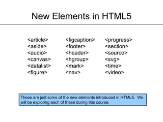 New Elements in HTML5
<figcaption>
<footer>
<header>
<hgroup>
<mark>
<nav>
<progress>
<section>
<source>
<svg>
<time>
<video>
These are just some of the new elements introduced in HTML5. We
will be exploring each of these during this course.
<article>
<aside>
<audio>
<canvas>
<datalist>
<figure>
 