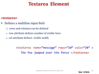 Textarea Element
<textarea>
 Defines a multiline input field
o rows and columns can be defined
o row attribute defines number of visible lines
o col attribute defines visible width
<textarea name=“message” rows=“10” cols=“30” >
The fox jumped over the fence </textarea>
See 4.htm
19Computer Network & Web Tech (SET, JU)
 