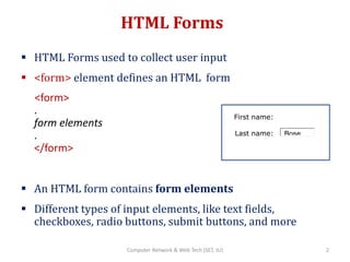 HTML Forms
 HTML Forms used to collect user input
 <form> element defines an HTML form
<form>
.
form elements
.
</form>
 An HTML form contains form elements
 Different types of input elements, like text fields,
checkboxes, radio buttons, submit buttons, and more
First name:
Last name:
2Computer Network & Web Tech (SET, JU)
Bose
 