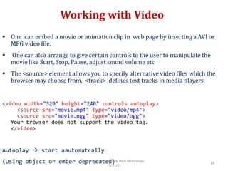 Working with Video
 One can embed a movie or animation clip in web page by inserting a AVI or
MPG video file.
 One can also arrange to give certain controls to the user to manipulate the
movie like Start, Stop, Pause, adjust sound volume etc
 The <source> element allows you to specify alternative video files which the
browser may choose from, <track> defines text tracks in media players
<video width="320" height="240" controls autoplay>
<source src="movie.mp4" type="video/mp4">
<source src="movie.ogg" type="video/ogg">
Your browser does not support the video tag.
</video>
Autoplay  start aautomatcally
(Using object or ember deprecated) 24
Computer Network & Web Technology
(SET, JU)
 