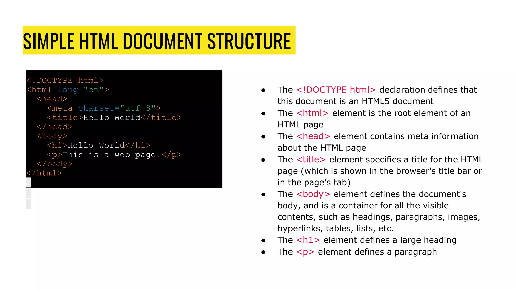 SIMPLE HTML DOCUMENT STRUCTURE
<!DOCTYPE html>
<html lang="en">
<head>
<meta charset="utf-8">
<title>Hello World</title>
</head>
<body>
<h1>Hello World</h1>
<p>This is a web page.</p>
</body>
</html>
● The <!DOCTYPE html> declaration defines that
this document is an HTML5 document
● The <html> element is the root element of an
HTML page
● The <head> element contains meta information
about the HTML page
● The <title> element specifies a title for the HTML
page (which is shown in the browser's title bar or
in the page's tab)
● The <body> element defines the document's
body, and is a container for all the visible
contents, such as headings, paragraphs, images,
hyperlinks, tables, lists, etc.
● The <h1> element defines a large heading
● The <p> element defines a paragraph
 