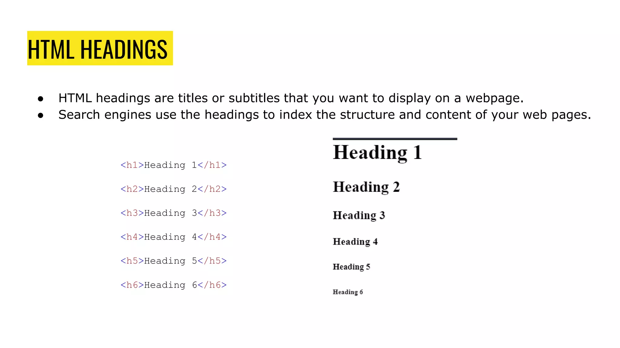 HTML HEADINGS
● HTML headings are titles or subtitles that you want to display on a webpage.
● Search engines use the headings to index the structure and content of your web pages.
<h1>Heading 1</h1>
<h2>Heading 2</h2>
<h3>Heading 3</h3>
<h4>Heading 4</h4>
<h5>Heading 5</h5>
<h6>Heading 6</h6>
 