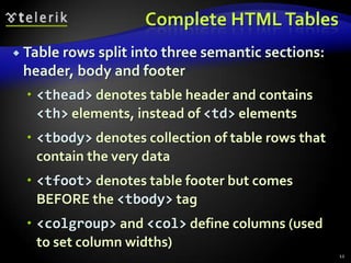 Complete HTML Tables
 Table rows

split into three semantic sections:
header, body and footer
 <thead> denotes table header and contains
<th> elements, instead of <td> elements
 <tbody> denotes collection of table rows that
contain the very data
 <tfoot> denotes table footer but comes
BEFORE the <tbody> tag
 <colgroup> and <col> define columns (used
to set column widths)
12

 