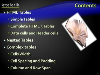 Contents
 HTML Tables

 Simple Tables

 Complete HTML 5 Tables
 Data cells and Header cells
 Nested Tables
 Complex tables

 Cells Width

 Cell Spacing and Padding
 Column and Row Span
2

 