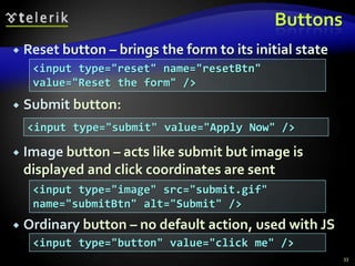 Buttons


Reset button – brings the form to its initial state
<input type="reset" name="resetBtn"
value="Reset the form" />



Submit button:
<input type="submit" value="Apply Now" />



Image button – acts like submit but image is
displayed and click coordinates are sent
<input type="image" src="submit.gif"
name="submitBtn" alt="Submit" />



Ordinary button – no default action, used with JS
<input type="button" value="click me" />
33

 