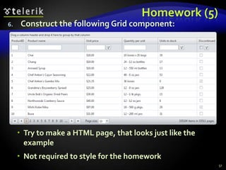 Homework (5)
6.

Construct the following Grid component:

 Try to make a HTML page, that looks just like the
example
 Not required to style for the homework
57

 