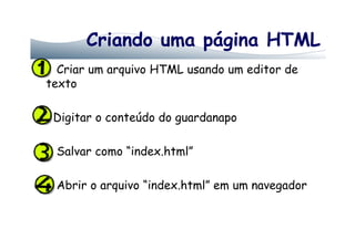 Criando uma página HTML
Criar um arquivo HTML usando um editor de
texto
Digitar o conteúdo do guardanapo
Salvar como “index.html”
Abrir o arquivo “index.html” em um navegador
 