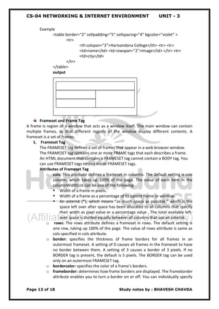 CS-04 NETWORKING & INTERNET ENVIRONMENT UNIT - 3
Page 13 of 18 Study notes by : BHAVESH CHAVDA
Example
<table border=”2” cellpadding=”5” cellspacing=”4” bgcolor=”violet” >
<tr>
<th colspan=”2”>Harivandana College</th> <tr> <tr>
<td>name</td> <td rowspan=”2”>Image</td> </tr> <tr>
<td>city</td>
</tr>
</table>
output
Frameset and Frame Tag
A frame is region of a window that acts as a window itself. The main window can contain
multiple frames, so that different regions of the window display different contents. A
frameset is a set of frames.
1. Frameset Tag
The FRAMESET tag defines a set of frames that appear in a web browser window.
The FRAMESET tag contains one or more FRAME tags that each describes a frame.
An HTML document that contains a FRAMESET tag cannot contain a BODY tag. You
can use FRAMESET tags nested inside FRAMESET tags.
Attributes of Frameset Tag
o cols: This attribute defines a frameset in columns. The default setting is one
column, which takes up 100% of the page. The value of each item in the
columnWidthList can be one of the following:
 Width of a frame in pixels.
 Width of a frame as a percentage of its parent frame or window.
 An asterisk (*), which means "as much space as possible," which is the
space left over after space has been allocated to all columns that specify
their width as pixel value or a percentage value . The total available left-
over space is divided equally between all columns that use an asterisk.
o rows: The rows attribute defines a frameset in rows. The default setting is
one row, taking up 100% of the page. The value of rows attribute is same as
cols specified in cols attribute.
o border: specifies the thickness of frame borders for all frames in an
outermost frameset. A setting of 0 causes all frames in the frameset to have
no border between them. A setting of 3 causes a border of 3 pixels. If no
BORDER tag is present, the default is 5 pixels. The BORDER tag can be used
only on an outermost FRAMESET tag.
o bordercolor: specifies the color of a frame's borders.
o frameborder: determines how frame borders are displayed. The frameborder
attribute enables you to turn a border on or off. You can individually specify
 