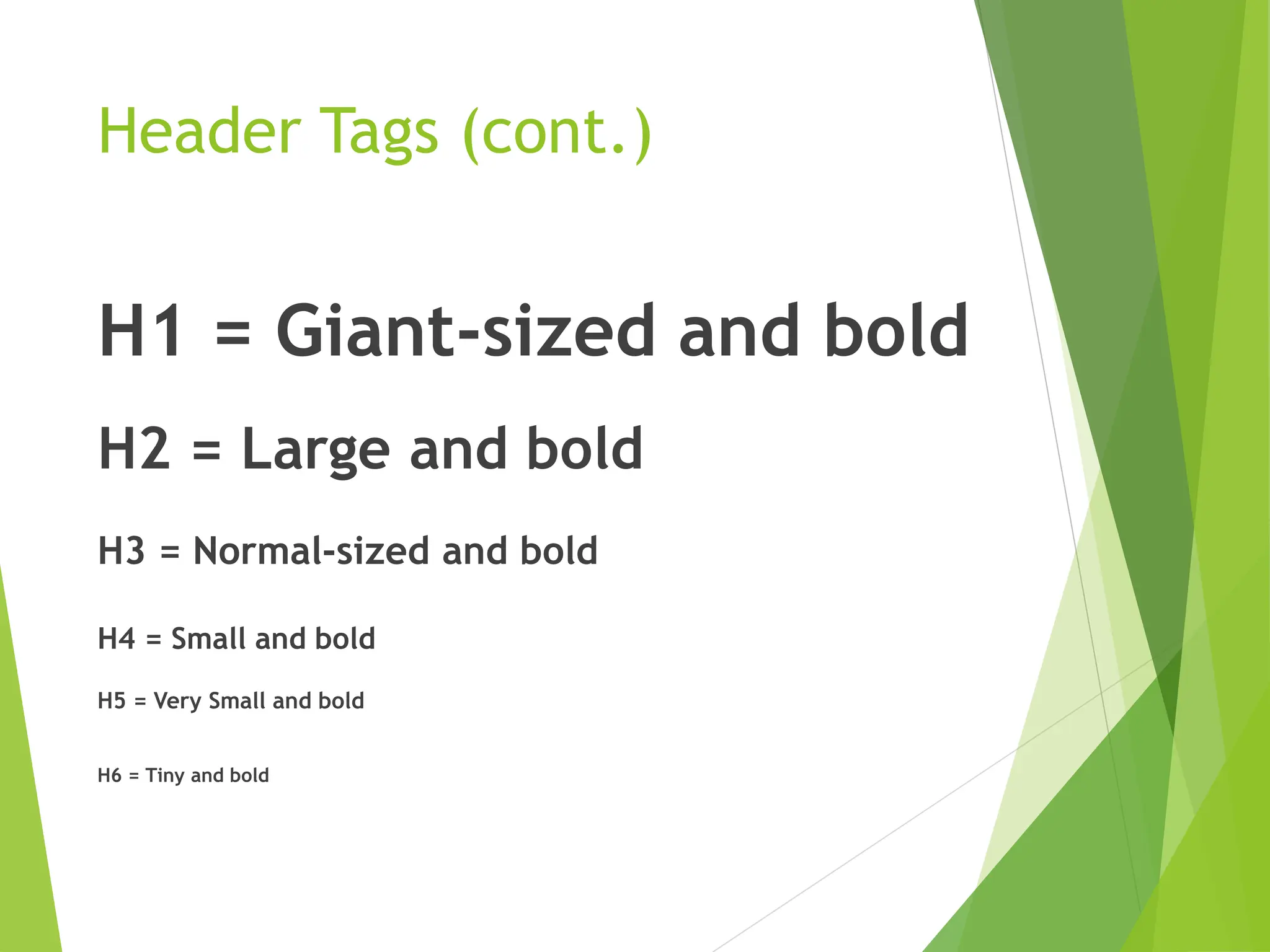 Header Tags (cont.)
H1 = Giant-sized and bold
H2 = Large and bold
H3 = Normal-sized and bold
H4 = Small and bold
H5 = Very Small and bold
H6 = Tiny and bold
 
