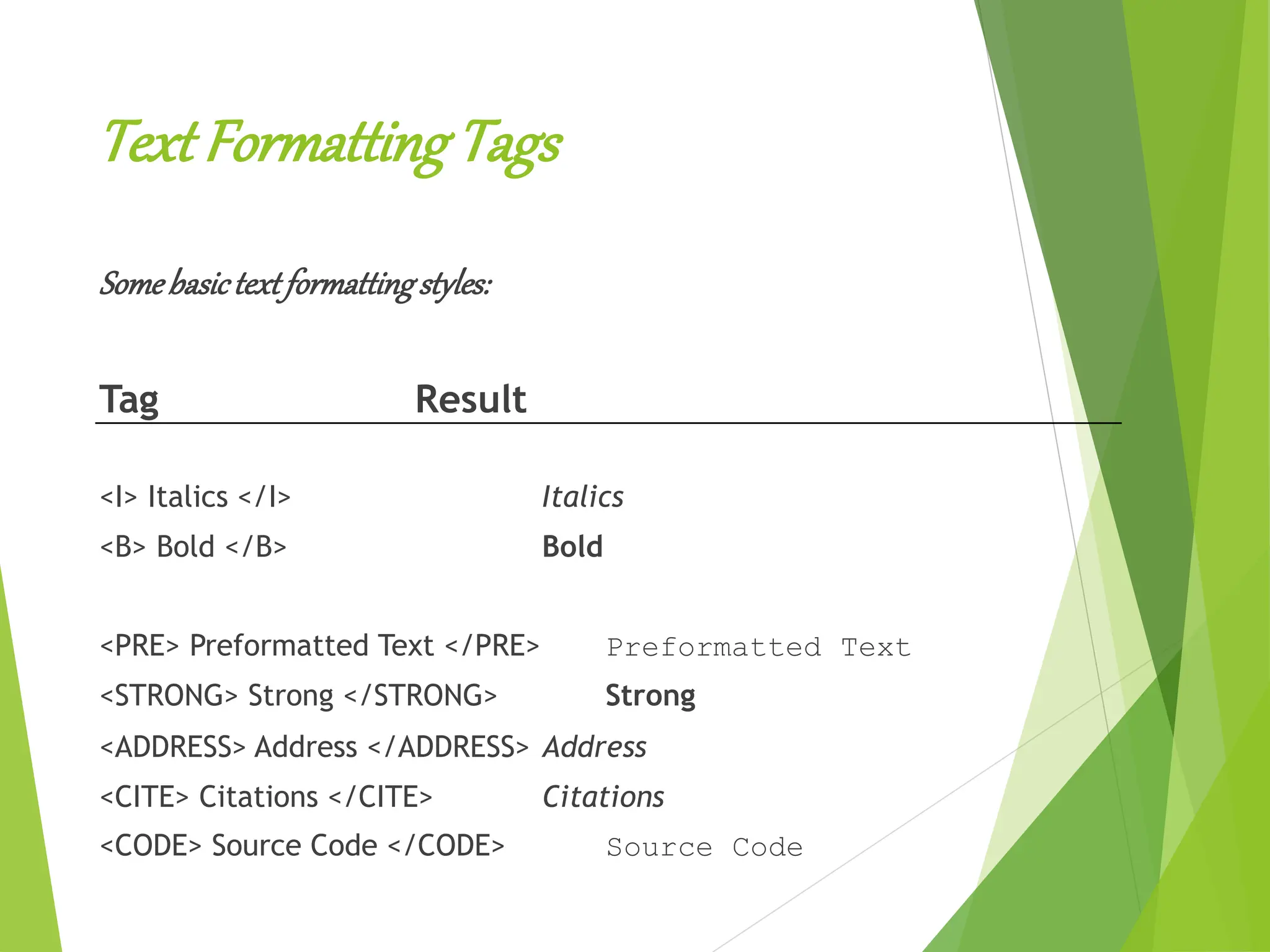 Text FormattingTags
Somebasictextformattingstyles:
Tag Result
<I> Italics </I> Italics
<B> Bold </B> Bold
<PRE> Preformatted Text </PRE> Preformatted Text
<STRONG> Strong </STRONG> Strong
<ADDRESS> Address </ADDRESS> Address
<CITE> Citations </CITE> Citations
<CODE> Source Code </CODE> Source Code
 