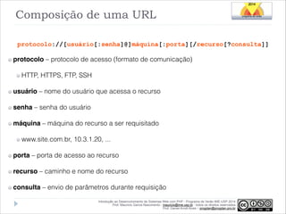 Composição de uma URL
protocolo://[usuário[:senha]@]máquina[:porta][/recurso[?consulta]]

protocolo – protocolo de acesso (formato de comunicação)
HTTP, HTTPS, FTP, SSH
usuário – nome do usuário que acessa o recurso
senha – senha do usuário
máquina – máquina do recurso a ser requisitado
www.site.com.br, 10.3.1.20, ...
porta – porta de acesso ao recurso
recurso – caminho e nome do recurso
consulta – envio de parâmetros durante requisição
Introdução ao Desenvolvimento de Sistemas Web com PHP - Programa de Verão IME-USP 2014
Prof. Mauricio Garcia Nascimento - mauricio@ime.usp.br - todos os direitos reservados 
Prof. Daniel Arndt Alves – progdan@progdan.pro.br

 