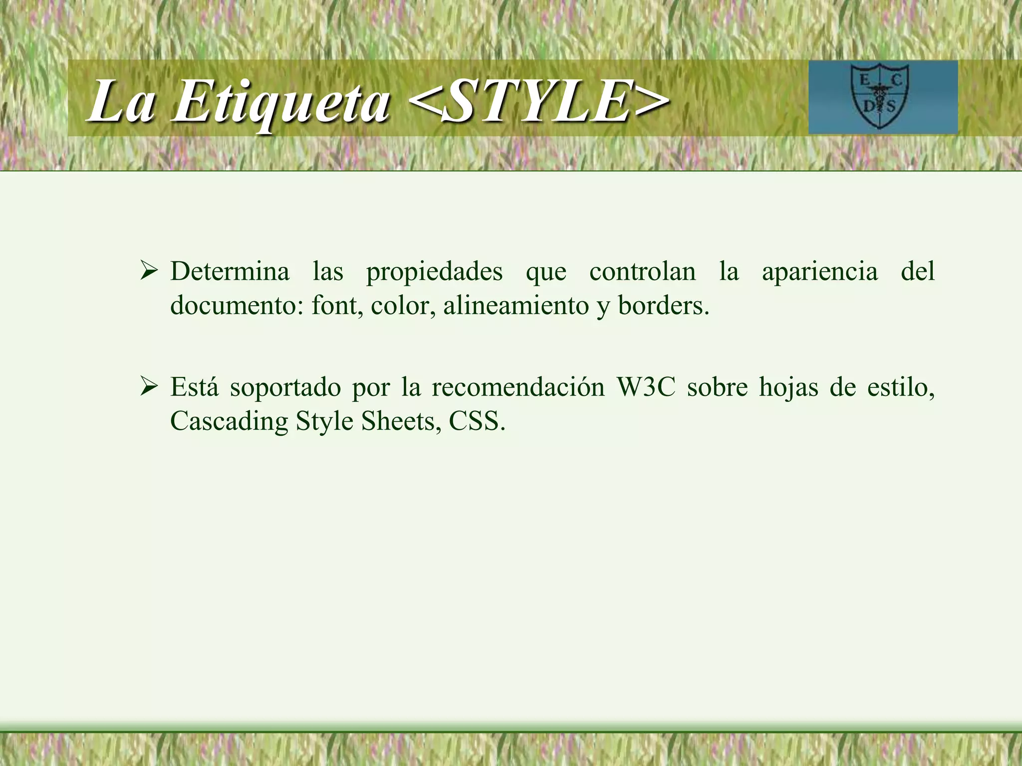 La Etiqueta <STYLE>
 Determina las propiedades que controlan la apariencia del
documento: font, color, alineamiento y borders.
 Está soportado por la recomendación W3C sobre hojas de estilo,
Cascading Style Sheets, CSS.
 