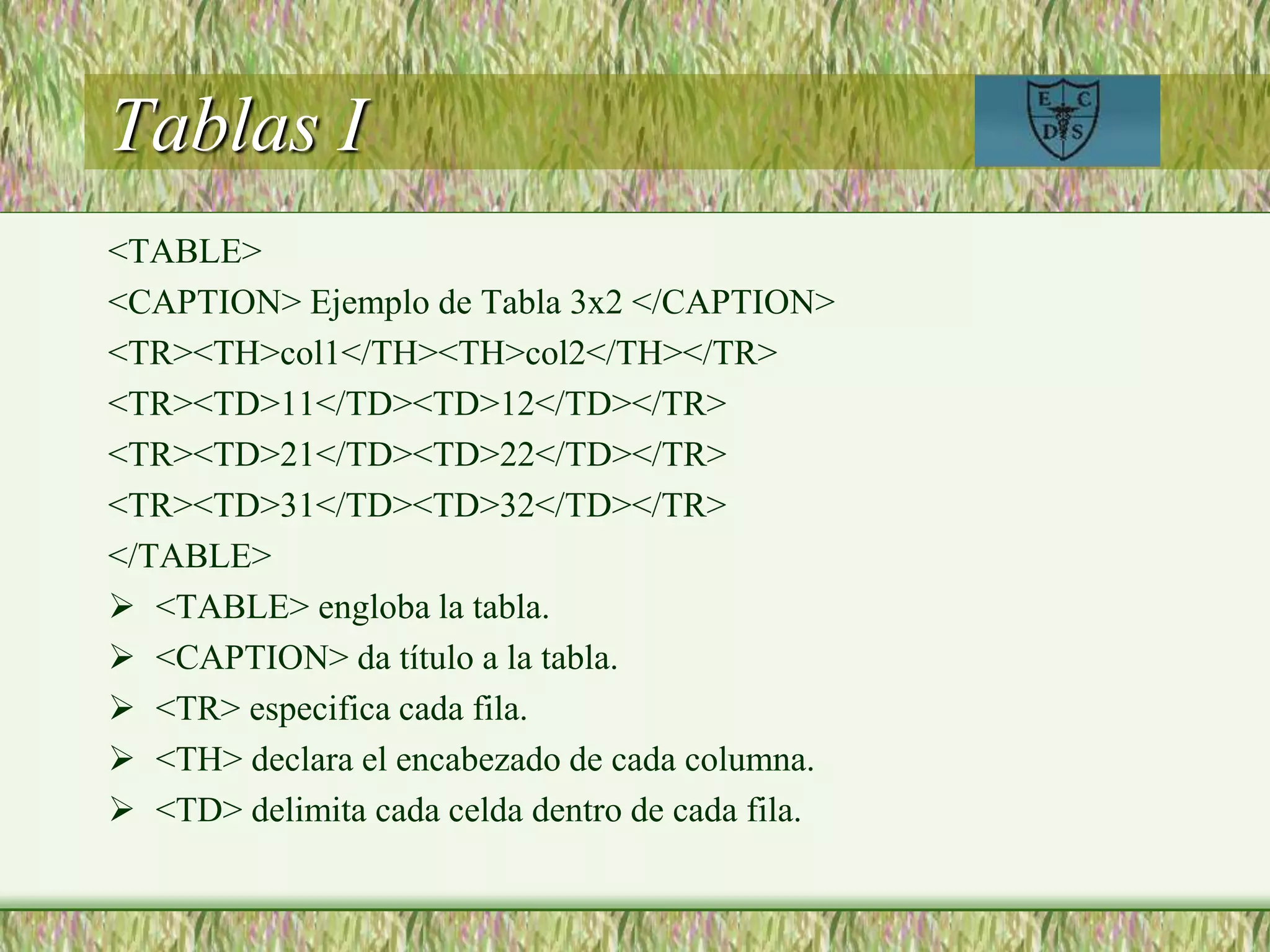 Tablas I
<TABLE>
<CAPTION> Ejemplo de Tabla 3x2 </CAPTION>
<TR><TH>col1</TH><TH>col2</TH></TR>
<TR><TD>11</TD><TD>12</TD></TR>
<TR><TD>21</TD><TD>22</TD></TR>
<TR><TD>31</TD><TD>32</TD></TR>
</TABLE>
 <TABLE> engloba la tabla.
 <CAPTION> da título a la tabla.
 <TR> especifica cada fila.
 <TH> declara el encabezado de cada columna.
 <TD> delimita cada celda dentro de cada fila.
 