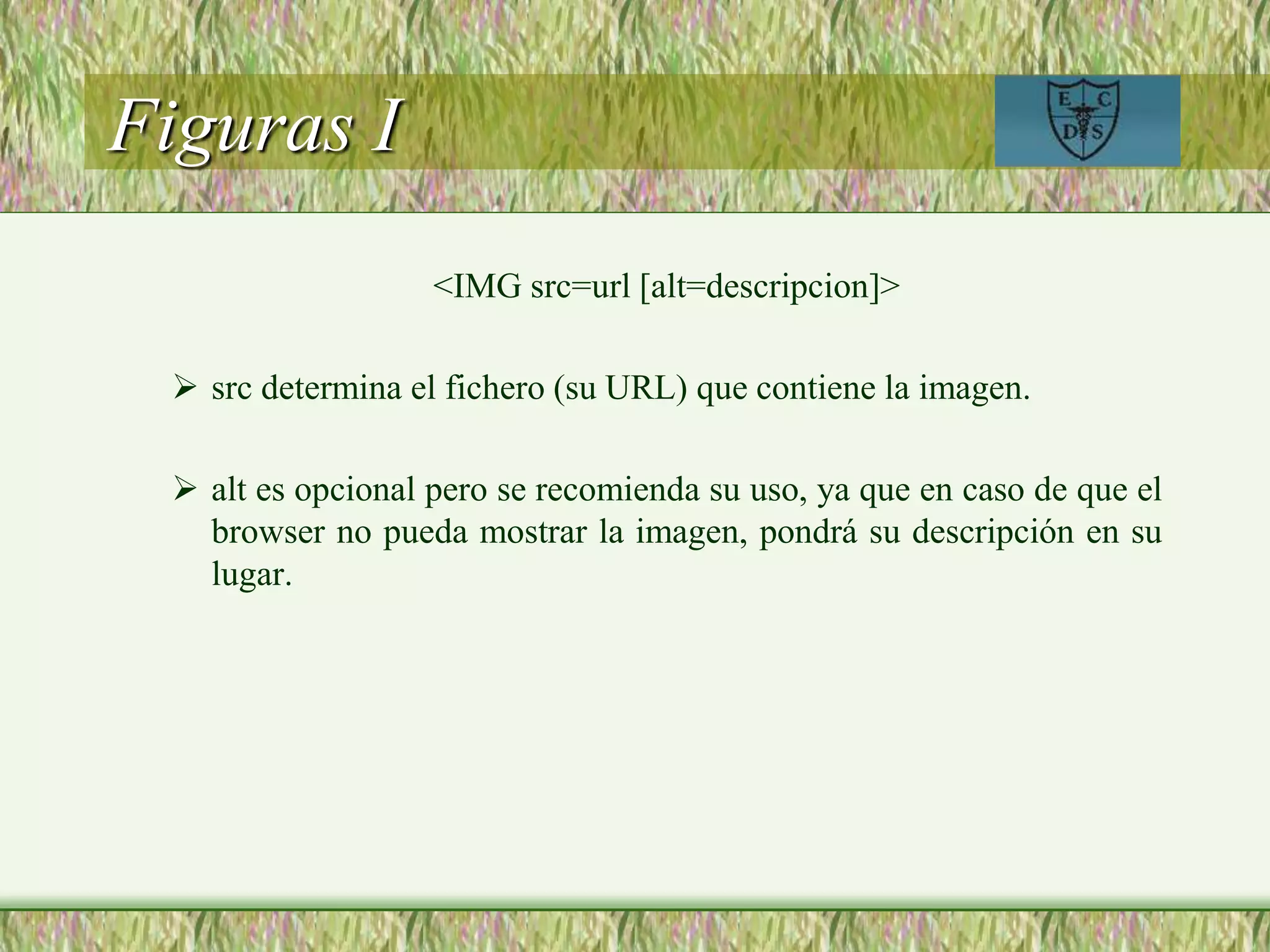 Figuras I
<IMG src=url [alt=descripcion]>
 src determina el fichero (su URL) que contiene la imagen.
 alt es opcional pero se recomienda su uso, ya que en caso de que el
browser no pueda mostrar la imagen, pondrá su descripción en su
lugar.
 