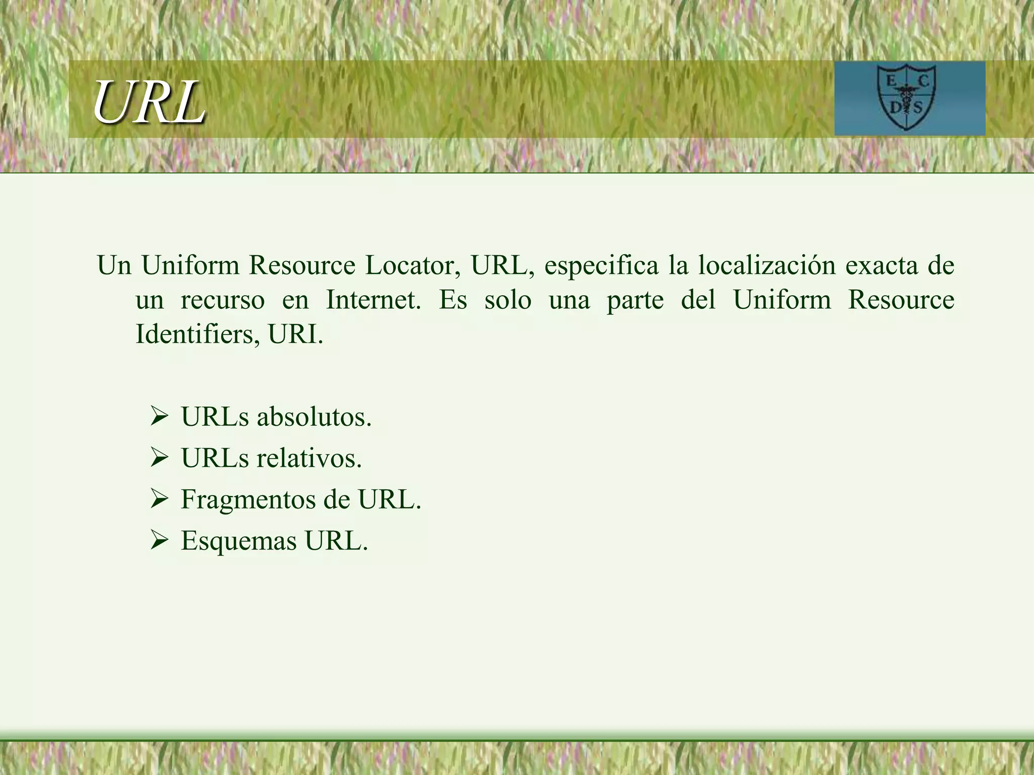 URL
Un Uniform Resource Locator, URL, especifica la localización exacta de
un recurso en Internet. Es solo una parte del Uniform Resource
Identifiers, URI.
 URLs absolutos.
 URLs relativos.
 Fragmentos de URL.
 Esquemas URL.
 