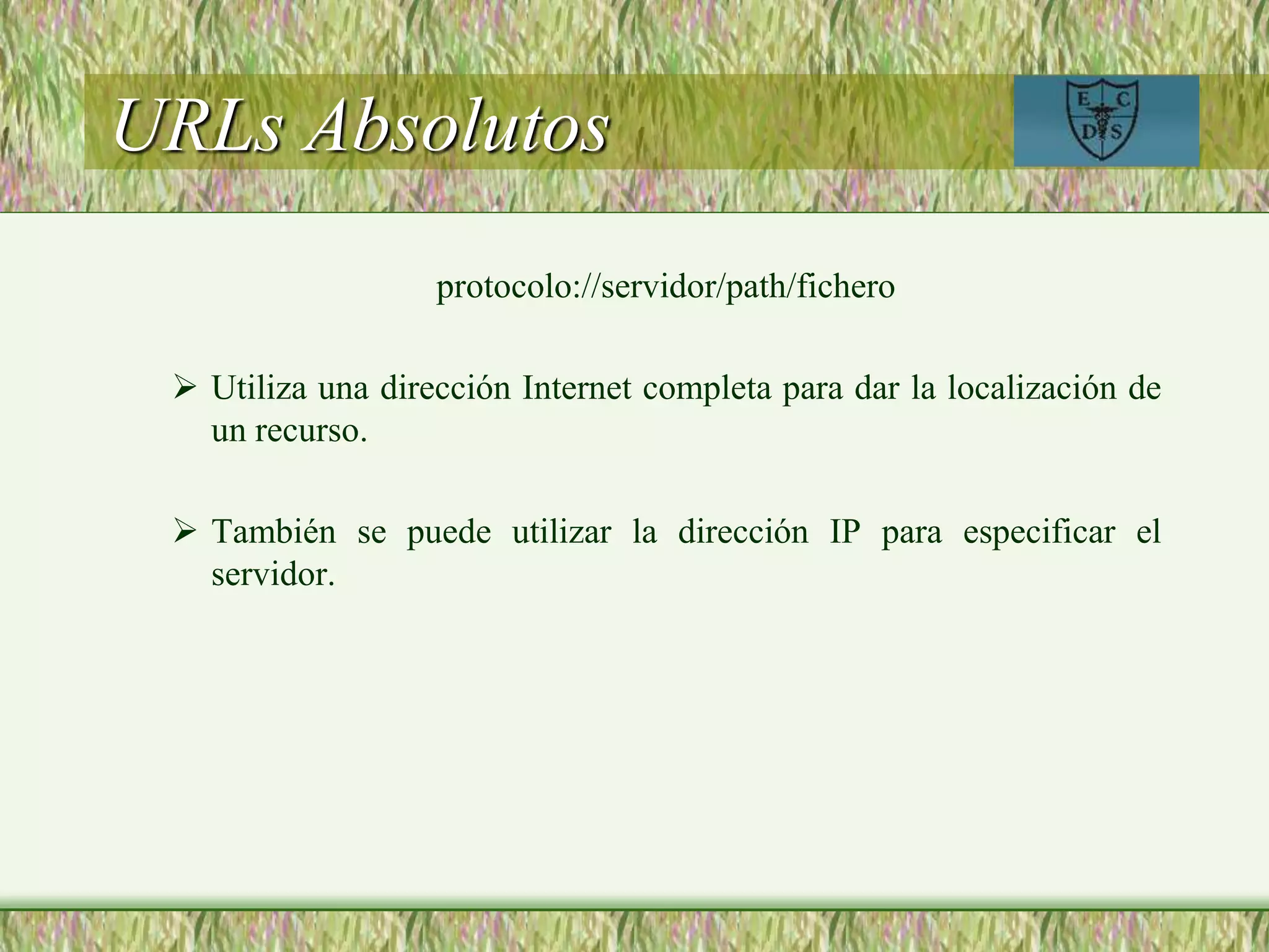 URLs Absolutos
protocolo://servidor/path/fichero
 Utiliza una dirección Internet completa para dar la localización de
un recurso.
 También se puede utilizar la dirección IP para especificar el
servidor.
 