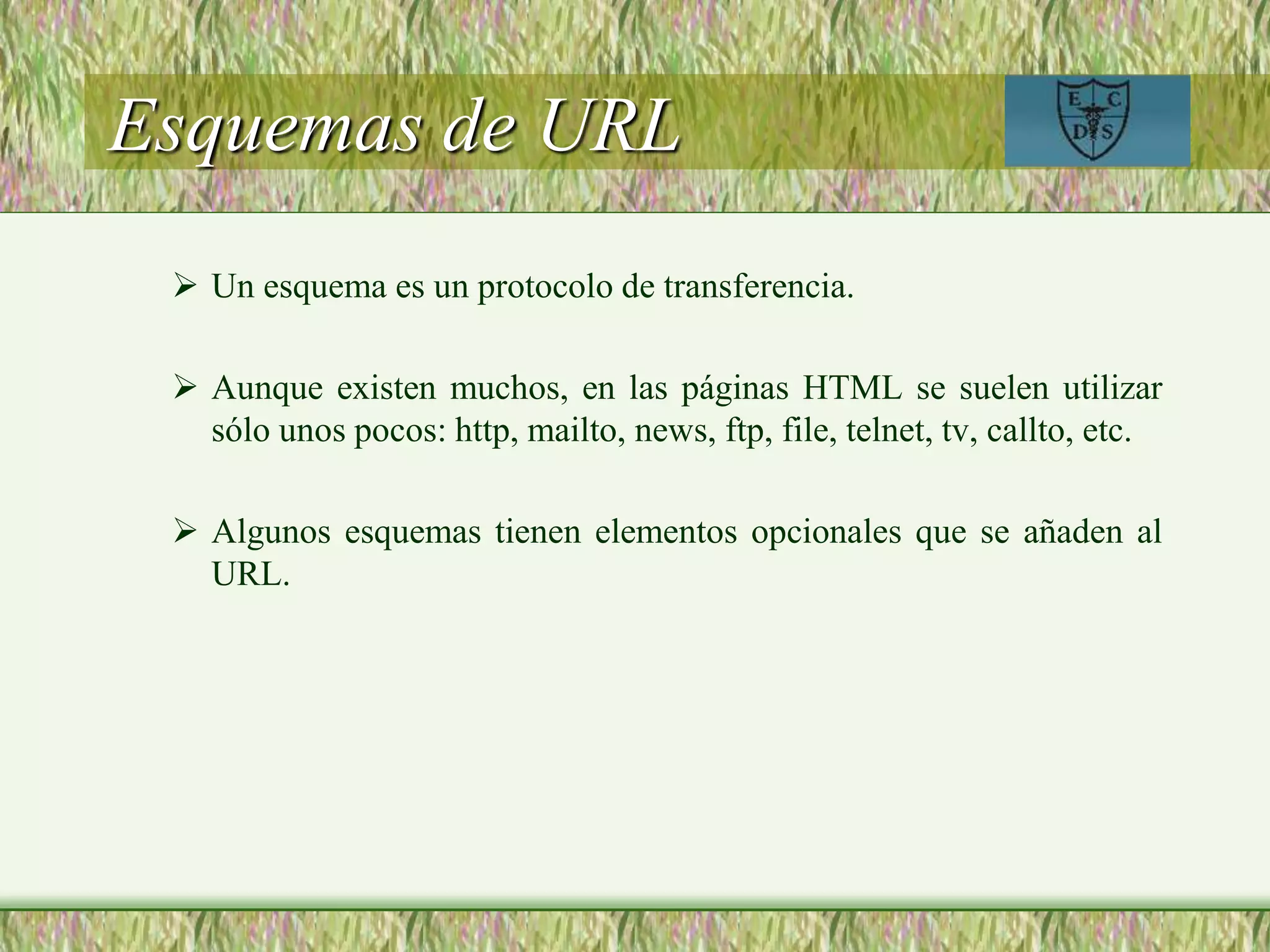 Esquemas de URL
 Un esquema es un protocolo de transferencia.
 Aunque existen muchos, en las páginas HTML se suelen utilizar
sólo unos pocos: http, mailto, news, ftp, file, telnet, tv, callto, etc.
 Algunos esquemas tienen elementos opcionales que se añaden al
URL.
 