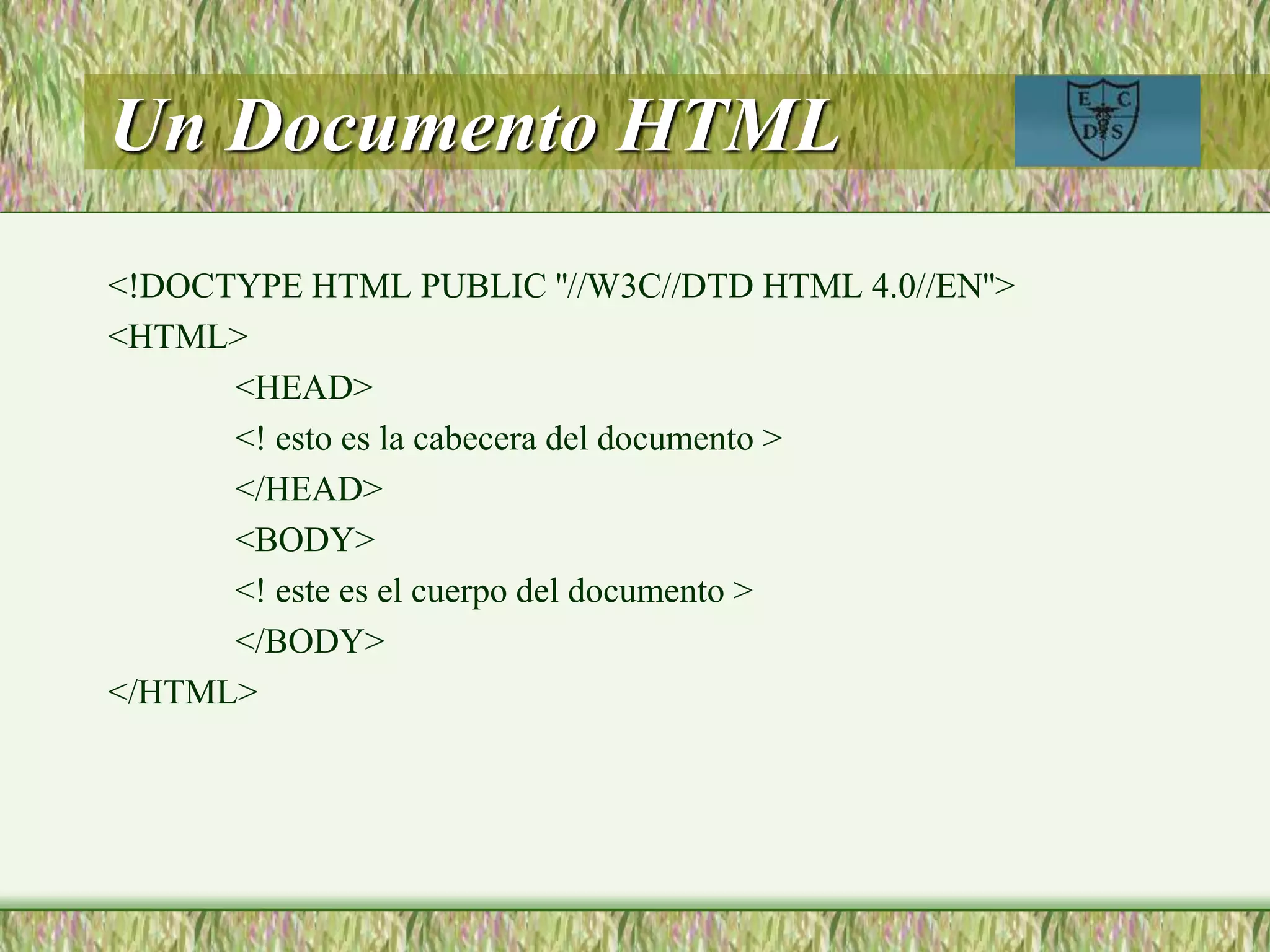 Un Documento HTML
<!DOCTYPE HTML PUBLIC ''//W3C//DTD HTML 4.0//EN''>
<HTML>
<HEAD>
<! esto es la cabecera del documento >
</HEAD>
<BODY>
<! este es el cuerpo del documento >
</BODY>
</HTML>
 