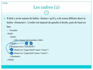 Les cadres (2)
 Il doit y avoir autant de balise <frame> qu'il y a de zones définies dans la
balise <frameset>. L'ordre est imposé de gauche à droite, puis de haut en
bas.
 Exemple:
<html>
<head>
<title> frames horizontales</title>
</head>
<frameset rows="20%,80%">
<frame src="page1.html" name="zone1">
<frame src="page.html" name="zone2">
</frameset>
</html>
HTML
29
1 2
1
2
 