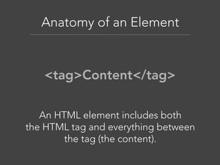 Anatomy of an Element

<tag>Content</tag>
An HTML element includes both
the HTML tag and everything between
the tag (the content).

 