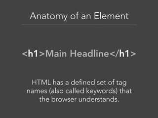 Anatomy of an Element

<h1>Main Headline</h1>
HTML has a defined set of tag
names (also called keywords) that
the browser understands.

 