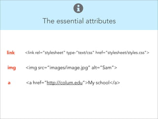 The essential attributes

link

<link rel=”stylesheet” type-”text/css” href=”stylesheet/styles.css”>

img

<img src=”images/image.jpg” alt=”Sam”>

a

<a href=”http://colum.edu”>My school</a>

 