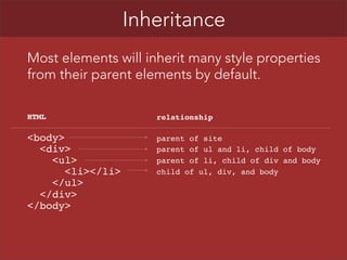 Inheritance
Most elements will inherit many style properties
from their parent elements by default.
HTML

relationship

<body>
<div>
<ul>
<li></li>
</ul>
</div>
</body>

parent of site
parent of ul and li, child of body
parent of li, child of div and body
child of ul, div, and body

 