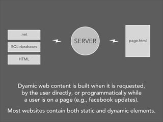 .net

SERVER

page.html

SQL databases
HTML

Dyamic web content is built when it is requested,
by the user directly, or programmatically while
a user is on a page (e.g., facebook updates).
Most websites contain both static and dynamic elements.

 