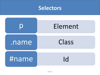Selectors

p

Element

.name

Class

#name

Id
eSpace

 