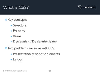 © 2017 Thinkful. All Rights Reserved. 25
What is CSS?
Key concepts:
Selectors
Property
Value
Declaration / Declaration block
Two problems we solve with CSS:
Presentation of speciﬁc elements
Layout
 