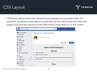 © 2017 Thinkful. All Rights Reserved. 34
CSS Layout
CSS layout determines how elements are arranged around each other. For
example, Facebook wrote styles to make the nav bar stick to the top, have the
pages and favorites section on the left and the news feed run in the center:
 