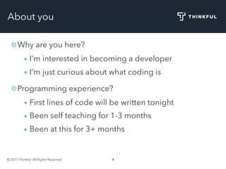 © 2017 Thinkful. All Rights Reserved. 4
About you
Why are you here?
I’m interested in becoming a developer
I’m just curious about what coding is
Programming experience?
First lines of code will be written tonight
Been self teaching for 1-3 months
Been at this for 3+ months
 