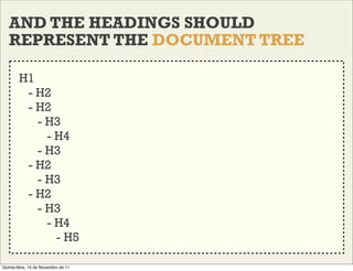 AND THE HEADINGS SHOULD
   REPRESENT THE DOCUMENT TREE

        H1
         - H2
         - H2
           - H3
           ...