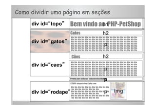Como dividir uma página em seções
h1
h2
h2
p
p
p
p img
div id=“gatos”
div id=“caes”
div id=“topo”
div id=“rodape”
 