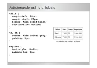Adicionando estilo a tabela
table {
margin-left: 20px;
margin-right: 20px;
border: thin solid black;
caption-side: bottom;
}
td, th {
border: thin dotted gray;
padding: 5px;
}
caption {
font-style: italic;
padding-top: 8px;
}
 