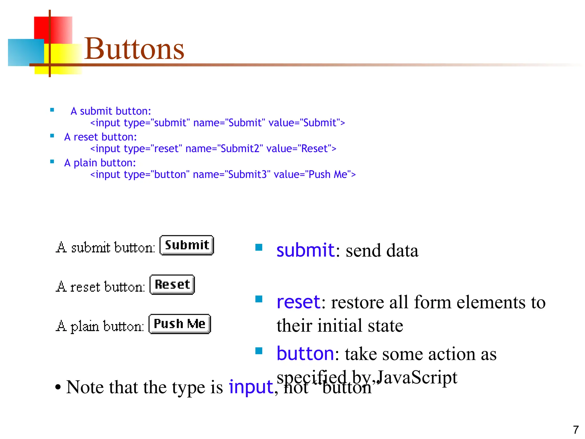 7
Buttons
 A submit button:
<input type="submit" name="Submit" value="Submit">
 A reset button:
<input type="reset" name="Submit2" value="Reset">
 A plain button:
<input type="button" name="Submit3" value="Push Me">
 submit: send data
 reset: restore all form elements to
their initial state
 button: take some action as
specified by JavaScript
• Note that the type is input, not “button”
 