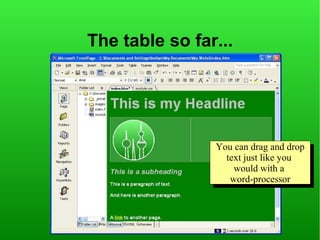 The table so far...




                You can drag and drop
                You can drag and drop
                  text just like you
                   text just like you
                    would with aa
                     would with
                   word-processor
                    word-processor
 