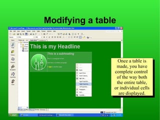 Modifying a table



                  Once aatable is
                   Once table is
                 made, you have
                  made, you have
                complete control
                 complete control
                 of the way both
                  of the way both
                 the entire table,
                  the entire table,
                or individual cells
                 or individual cells
                  are displayed.
                   are displayed.
 