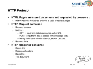 www.spiraltrain.nl 11
HTTP Protocol
• HTML Pages are stored on servers and requested by browsers :
• HTPP Request-Response protocol is used to retrieve pages
• HTTP Request contains :
• Request headers
• Method :
— GET : Input form data is passed as part of URL
— POST : Input form data is passed within message body
— Rarely some other method like PUT, HEAD, DELETE
• Request data
• HTTP Response contains :
• Status line
• Response headers
• Blank line
• The document
Demo02
firebug
HTML Intro
 