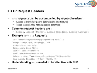 www.spiraltrain.nl 12
HTTP Request Headers
• HTTP requests can be accompanied by request headers :
• Access to them may permit optimizations and features
• These features may not be possible otherwise
• Common request headers are :
• Accept, Accept-Charset, Accept-Encoding, Accept-Language
• Example HTTP 1.1 Request :
GET /search?keywords=php+programming HTTP/1.1
Accept: image/gif, image/jpg, */*
Accept-Encoding: gzip
Connection: Keep-Alive
Cookie: userID=id456578
Host: www.somebookstore.com
Referer: http://www.somebookstore.com/findbooks.html
User-Agent: Mozilla/4.7 [en] (Win98; U)
• Understanding HTTP needed to be effective with PHP
HTML Intro
 